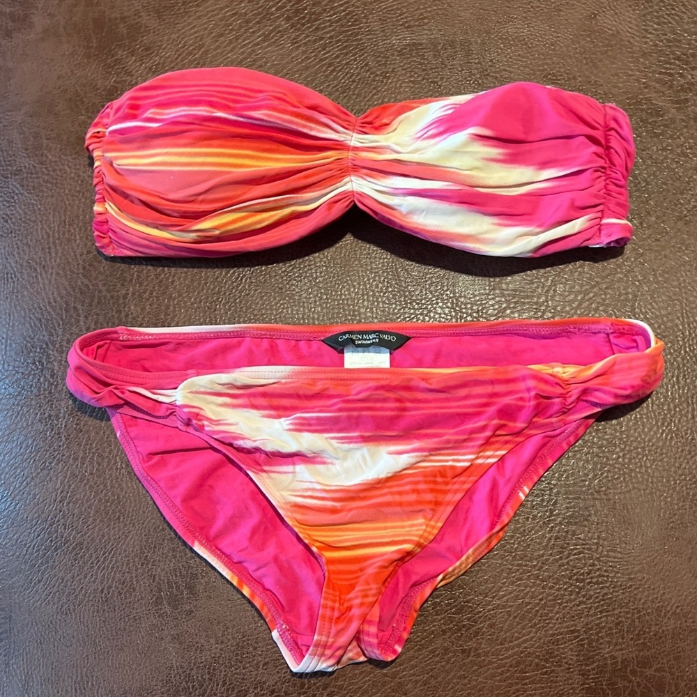 Carmen Marc Valvo Pink Orange Tie Dye Bandeau Bikini Set Medium Top Large Bottom